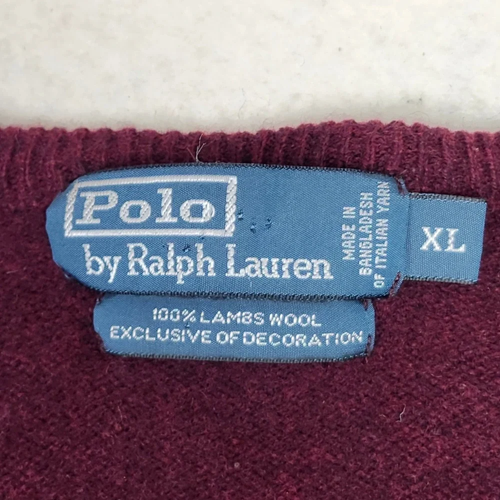 Polo Ralph Lauren 100% Lambswool Sweater Burgundy V Neck Green Pony Knit XL